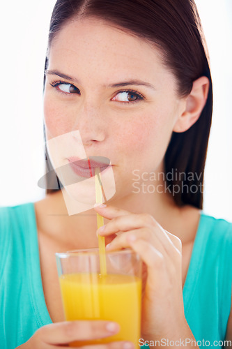 Image of Health, drink and face of woman with juice for nutrition, wellness and hydration in studio Happy, thirsty and person with fruit blend or beverage for vitamins, detox and diet on white background