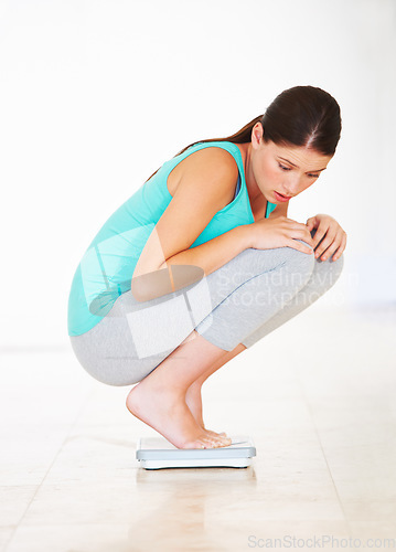 Image of Scale, check and woman lose weight with surprise, diet and measuring body, mass and health. Weighing, scales and person shocked, upset and frustrated with numbers, reading and unhappy dieting