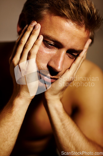 Image of Bedroom, thinking and man with anxiety, depression and mental health with fatigue, shirtless and morning. Person, apartment and guy with burnout, feeling alone and lonely with stress, sad and tired