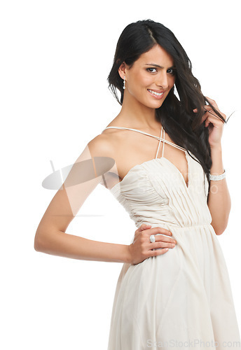 Image of Portrait, confidence and happy woman in dress for fashion in studio isolated on a white background. Smile, model and beauty of person in formal clothes, elegant and style for party or event in Brazil