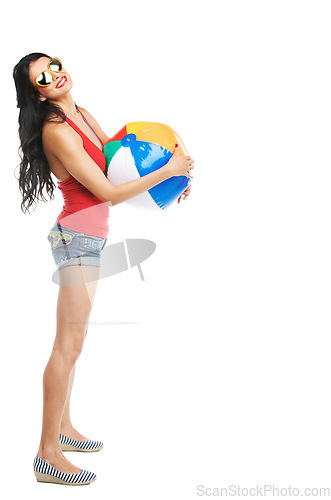 Image of Woman, smile or sunglasses with beach ball in studio for vacation, holiday or adventure on white background. Person, face or happiness in summer for experience with cool outfit, fun and mock up space