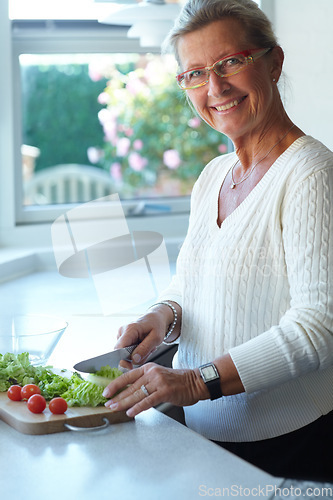 Image of Portrait of senior woman on chopping board, vegetables and knife in kitchen cooking food. Happy person in glasses cutting plants on counter, lettuce and tomatoes, nutrition and healthy diet in home