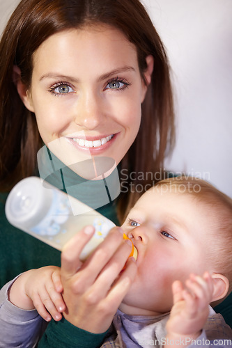 Image of Woman, face and baby for feeding by bottle for hunger, nutrition and care with milk in home. Happy mother, infant and love for child growth, development or milestone with formula for healthy diet