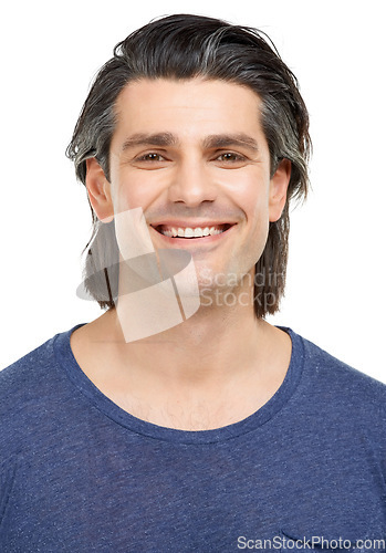 Image of Portrait, man and smile with fashion, confidence and proud guy isolated on a white studio background. Face, person and model with tshirt, happiness and Canada with mockup space, healthy and wellness