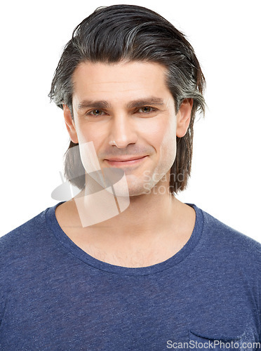 Image of Portrait, smile and confidence with mature man, proud and happiness isolated on a white studio background. Face, person and model with casual clothes, Brazil or healthy with fashion, outfit or tshirt