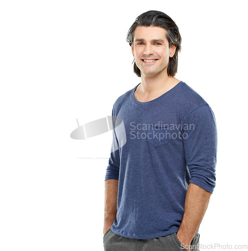Image of Portrait, smile and man with tshirt, clothes and confident guy isolated on a white studio background. Person, mockup space and model with casual outfit, wellness and comfort with health and trendy