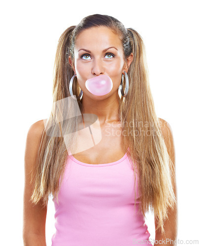 Image of Woman, chewing gum or blow bubbles for thinking in studio, cosmetic with wellness or idea by white background. Young model, decision and bubblegum for solution or inspiration, smile and mock up space