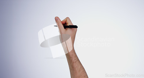 Image of Hands, writing and digital pen with planning, sign and presentation on a white studio background. Closeup, person and model with a message, drawing and ideas with mockup space, creative or futuristic