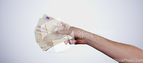 Image of Cash in hand, finance and wealth with bonus, euro notes or bills with lotto winner on white background. Financial freedom, rich person and money fan with payment, investment or savings in a studio