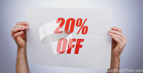 Image of Hands, 20 discount rate and promotion sign at studio isolated on a white background. Poster, sales deal and special offer of price reduction, clearance advertising and marketing savings in retail sho
