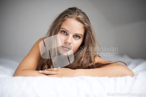 Image of House, woman portrait and bed with sleeping, rest and relax in a bedroom with face and calm. Dreaming, female person and confidence with nap at home on a blanket and sheets lying down with thinking