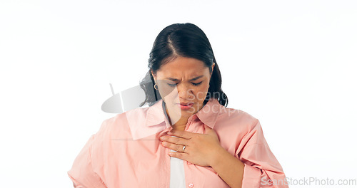 Image of Chest pain, hands and woman in studio for heart attack, anxiety or emergency on white background. Stress, face and Japanese model with lung, asthma or breathing problem, fail or heartburn indigestion