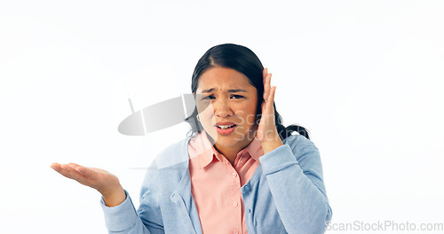 Image of Confused, portrait and deaf woman with hand on ear in studio for speak up, volume or huh on white background. Doubt, face or Asian model with hearing loss, problem or frustrated by communication fail