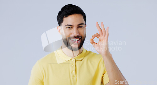 Image of Ok, hands and portrait of man in studio for vote, certified review or feedback on white background. Happy indian model show emoji for success, agreement and icon of support, yes or sign of excellence