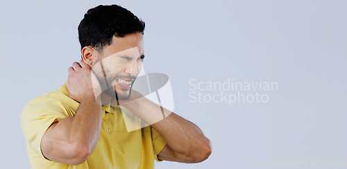 Image of Neck pain, stress and man in studio at space with tired joints, arthritis risk or burnout on white background. Indian model, injury and massage muscle for first aid, emergency or frustrated at mockup