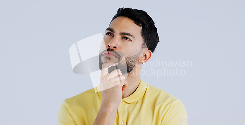 Image of Man, confused and thinking in studio of ideas, choice and dont know why on white background. Indian model daydream of decision, remember memory or planning solution, questions and brainstorming emoji