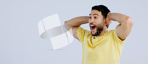 Image of Announcement, news and man with surprise, happiness and opportunity on a white studio background. Person, guy and model shocked, discount deal and emoji with mockup space, wow and omg with reaction