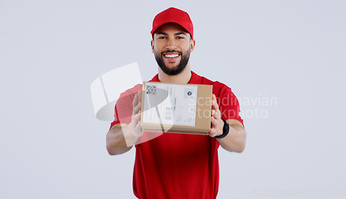 Image of Portrait, happy man and courier with delivery in studio for mock up on white background in Mexico. Male model, smile and excited for logistics, shipping or distribution of package, parcel or order