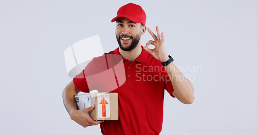 Image of Portrait, man and box with okay sign on studio for delivery, logistics and mockup for package on white background. Male model, worker or courier with gesture in Mexico for good, choice or decision