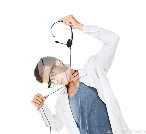 Image of Work, suicide and man at call center with headset pretend to suffocate, choke or strangle neck with cord. Mental health, crisis and depressed businessman hanging with headphones in customer service