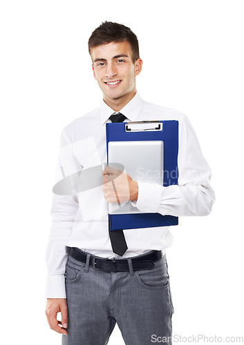 Image of Happy, businessman and portrait with checklist or tablet logistics, document or professional paperwork. Man, face and smile with clipboard for form, documentation or employee ready to start working