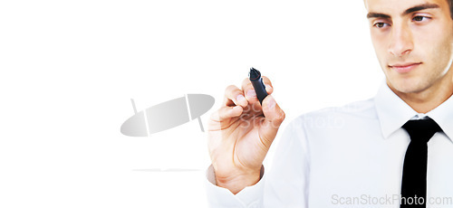 Image of Pen, ideas and hand of man writing in white background, studio and invisible whiteboard. Businessman, planning and notes for strategy, problem solving and working with inspiration in backdrop