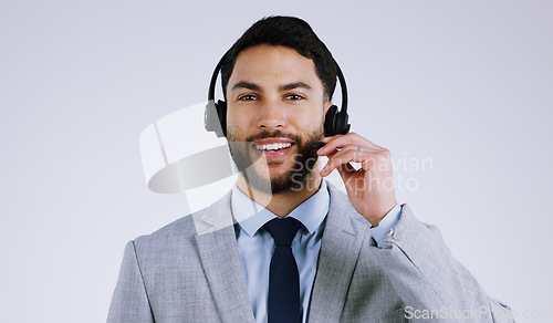 Image of Business man, call center and headphones for communication, customer support and e commerce service in studio. Portrait of Mexican consultant or agent for contact us isolated on a white background