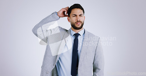 Image of Business man, confused and thinking or question, mockup and mistake for choice, decision and doubt. Businessperson, stress and frustrated on solution, problem solving and studio by white background