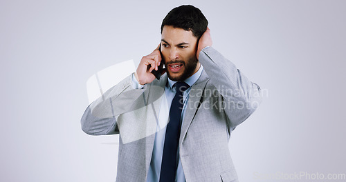 Image of Businessman, cellphone and call with stress, frustrated and isolated on studio background. Mobile, professional and overwhelmed with business crisis, corporate accountant and financial mistake