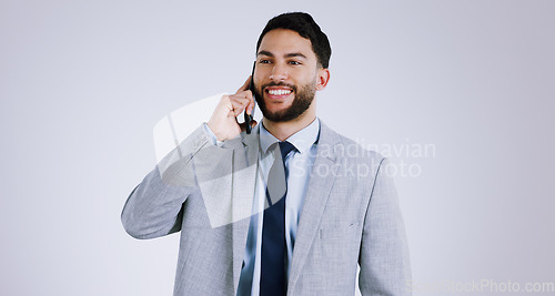 Image of Businessman, cellphone and call for networking, communication and isolated on studio background. Mobile, professional and smiling for business conversation, consulting and corporate accountant