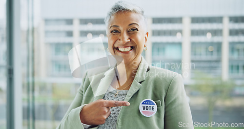 Image of Woman, vote and portrait for democracy, pointing and badge for support, government and member. Elections, voter choice and representative for politics, registration and sticker for voting register