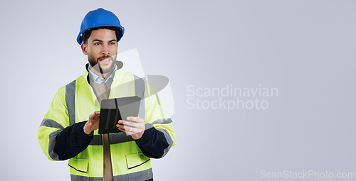 Image of Engineering, man and tablet for design ideas, inspection or thinking of project on studio banner and mockup. Construction worker with architecture survey and digital planning on a white background