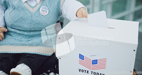 Image of Person, with a disability and wheelchair or vote election or president cast, poll station on human rights. Hand, paper and ballot box for opinion on government decision, sticker for accessibility