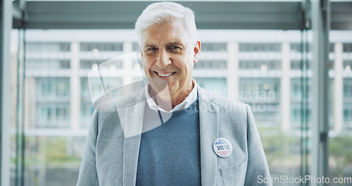 Image of Senior man, vote sticker and portrait for election, positive and candidate for america, government and politics. Democracy, voter choice and support for party, registration and badge for voting