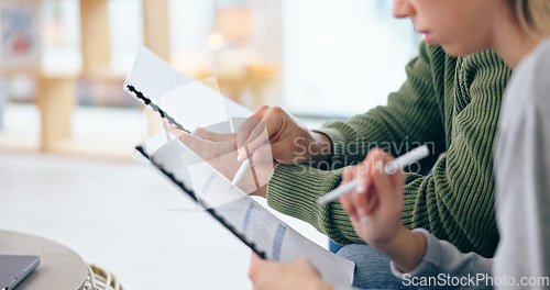 Image of Couple, hands and documents for planning bills, budget and financial tax in living room of home. People, man and woman with paperwork and pen for finance, investment or asset management for loan debt