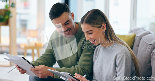 Image of Couple, smile and documents for planning bills, budget and financial tax in living room of home. People, man and woman with paperwork and pen for finance, investment or asset management for loan debt