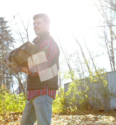 Image of One mature lumberjack holding pieces of wooden logs after chopping tree in remote landscape. Happy man standing alone outside, carrying firewood for stove. Gathering for alternative heating