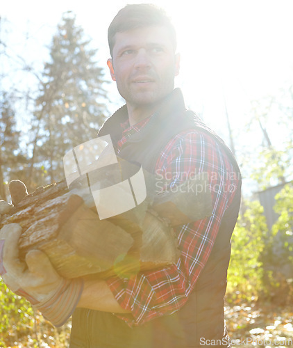 Image of Closeup of a handsome lumberjack holding a pile of wood he has collected. One mature man in the forest collecting wood for a campfire. Caucasian woodcutter in plaid shirt, looking in contemplation