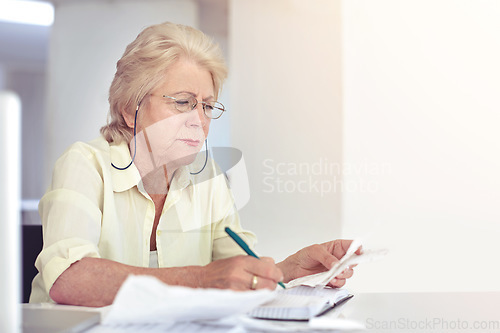 Image of Retirement, senior woman and planning budget on paperwork for tax, financial documents or receipt, investment or savings. Elderly person, finance or money or papers of pension bills management mockup