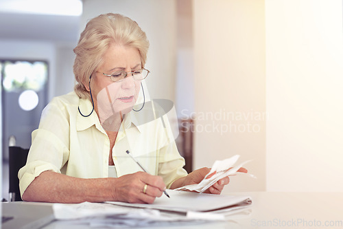 Image of Senior woman, retirement or planning budget or tax paperwork, financial documents or receipt, investment or savings. Elderly person, confused or finance or debt, bills or pension management mockup