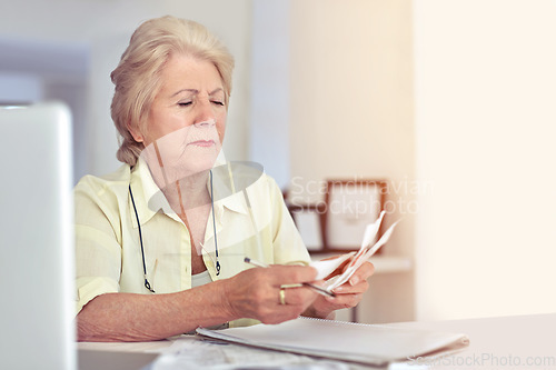 Image of Senior woman, planning budget and retirement or paperwork for tax, financial documents or receipt, investment or savings. Elderly person, finance or money or pension, bills or debt management