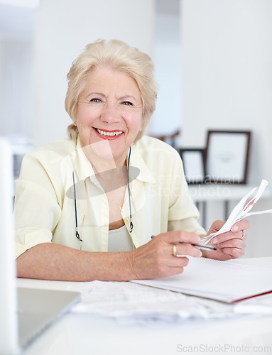 Image of Portrait, smile and old woman with budget documents, savings and taxes in home. Financial planning, face and retirement of senior female person with paper for pension, investment or finance bills.