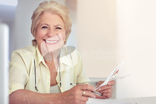 Image of Portrait, smile and senior woman with a budget, home and planning for savings, insurance and pension. Face, mature female person or happy elderly lady with paperwork, writing and ideas for investment