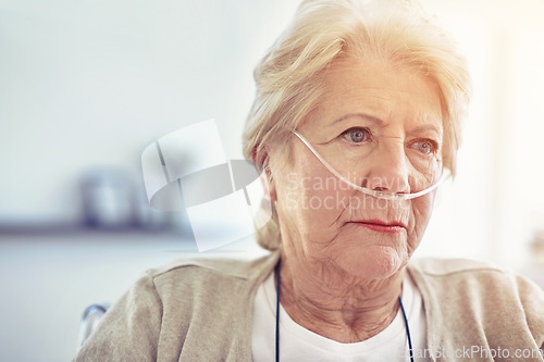 Image of Breathing, oxygen and face of elderly woman thinking of health, depression in hospital and retirement, healthcare and insurance. Senior person, sick and depressed in clinic, home or appointment