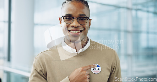 Image of Man, vote and portrait for election, pointing and badge for support, government and politics. Democracy, voter choice and representative for party, registration and sticker for voting register