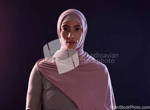 Image of Muslim woman, portrait and hijab in faith for religion, islam or praise against a dark studio background. Face of Islamic female person or model with scarf in fashion for cultural tradition on mockup