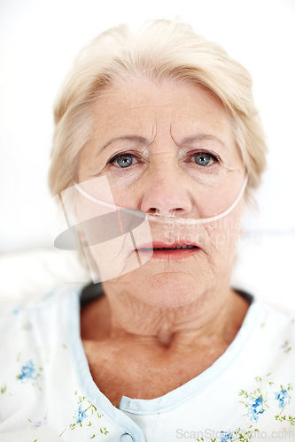 Image of Anxiety and isolation - Senior Health. Closeup portrait of a sick elderly woman looking for hope.