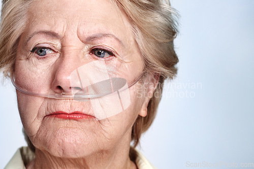 Image of Illness and regret. Closeup of a sickly senior woman wearing a nasal cannula for oxygen isolated on blue - Copyspace.
