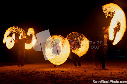 Image of Fire three ways. a fire performance on a beach in Thailand.