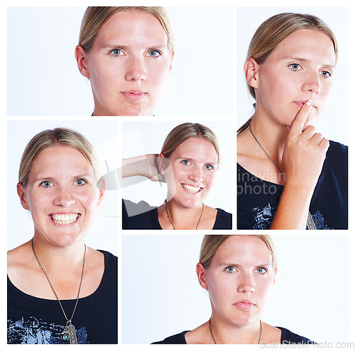 Image of Making faces. Composite shot of a woman making various facial expressions.